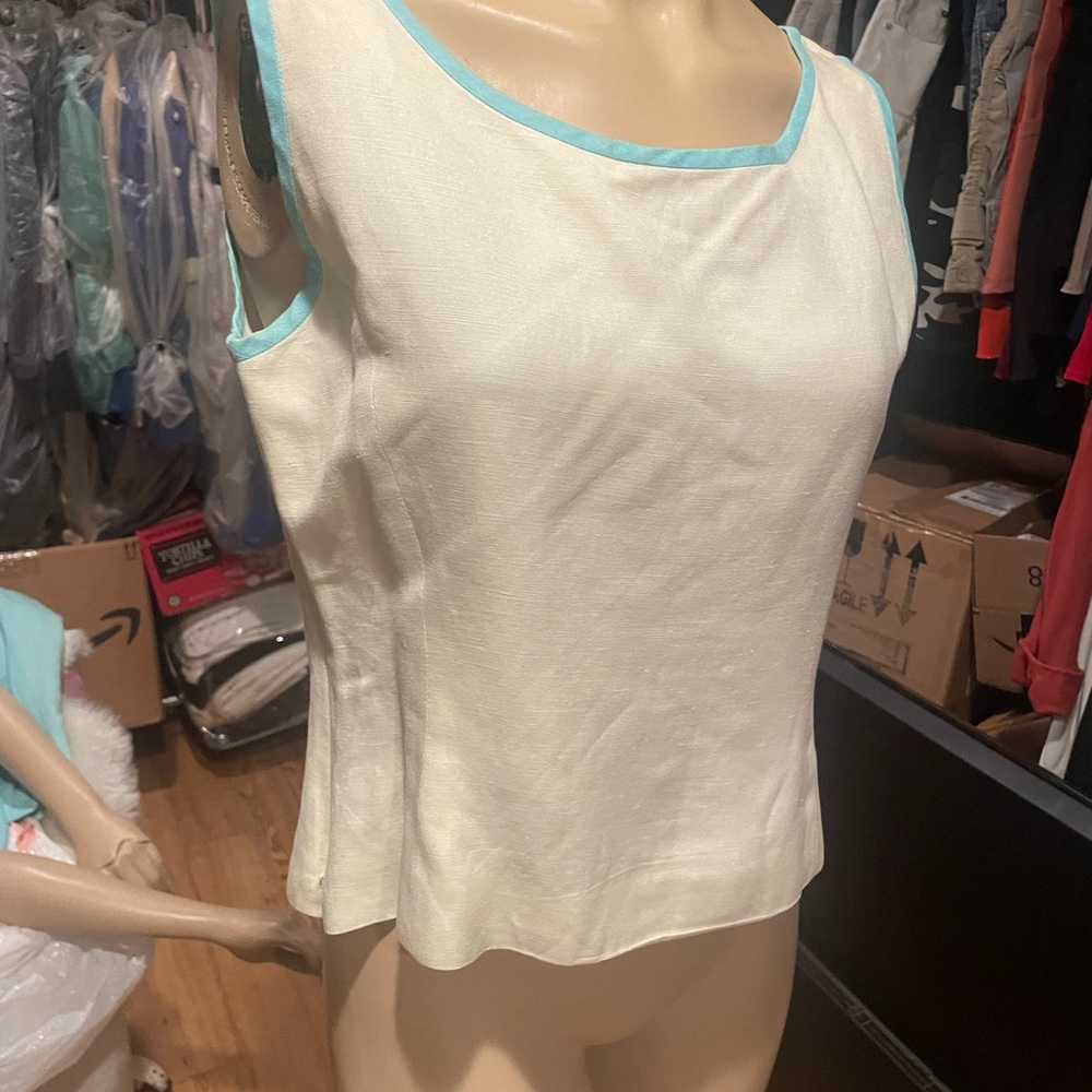 Kasper Cream Tank Top with Blue Accents